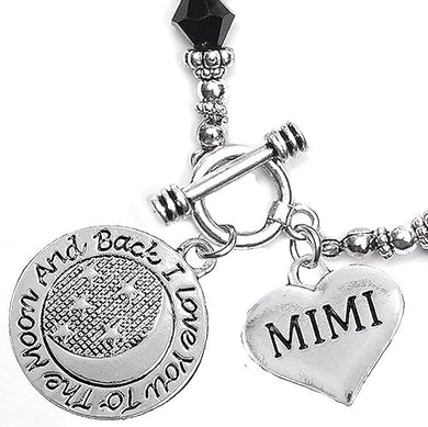 Mimi, I Love You to The Moon and Back Jet Crystal Charm Bracelet, Hypoallergenic, Safe, Nickel, Lead & Cadmium Free.
