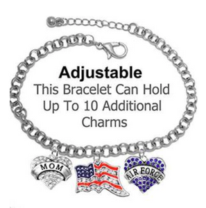 Air Force "Mom", Crystal American Flag, Air Force Charm, Adjustable Rolo Chain Bracelet - Safe