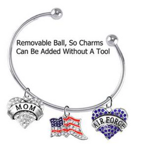 Air Force "Mom", Crystal American Flag, Air Force Charm, Adjustable, Removable Ball Bracelet Safe