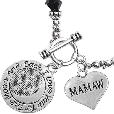 Mamaw, I Love You to The Moon and Back Jet Crystal Charm Bracelet, Hypoallergenic, Safe, Nickel, Lead & Cadmium Free.