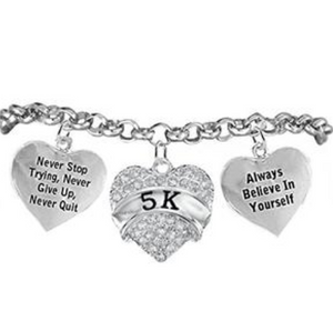 5 K Runner Hypoallergenic "Never Stop Trying" "Never Give Up" Bracelet, Safe - Nickel & Lead Free.