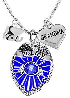 Policeman's Grandma Necklace W I Love You Charm, Hypoallergenic, Safe - Nickel & Lead Free