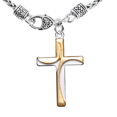 Two-Tone Matte Gold & Silver Contemporary Cross Necklace, Adjustable, Safe - Nickel & Lead Free