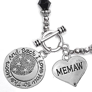 Memaw, I Love You to The Moon & Back Jet Crystal Charm Bracelet, Safe, Nickel Free.