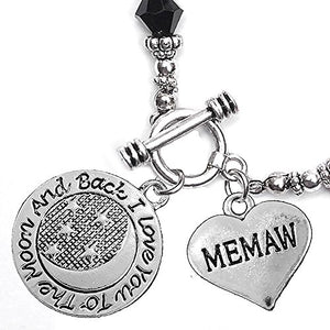 Memaw, I Love You to The Moon & Back Jet Crystal Charm Bracelet, Safe, Nickel Free.