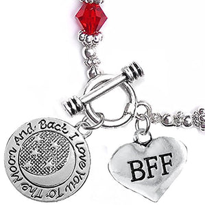 BFF "I Love You to The Moon & Back", Red Crystal Charm Bracelet, Safe, Nickel Free.