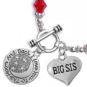 Big Sis "I Love You to The Moon & Back", Red Crystal Charm Bracelet, Safe, Nickel Free.