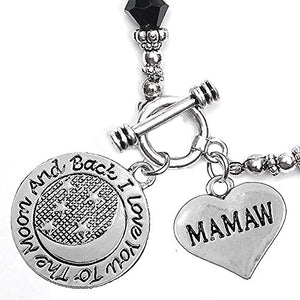 Mamaw, I Love You to The Moon & Back Jet Crystal Charm Bracelet, Safe, Nickel Free.
