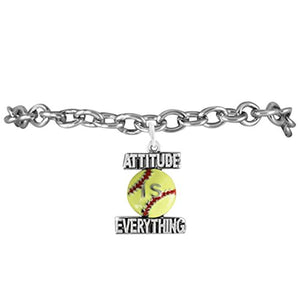 Girls Softball "Attitude Is Everything" Yellow Softball Charm, Adjustable, Hypoallergenic Bracelet