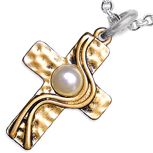 Christian Cross, Two-Tone, Matte Gold & Silver, Faux Pearl Necklace, Adjustable, Nickel & Lead Free