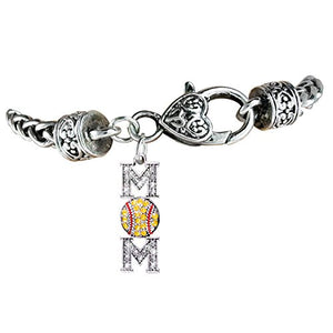 Perfect Gift "Softball Genuine Crystal Softball Mom Charm" Bracelet ©2012 Safe - Nickel & Lead Free