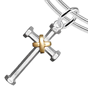 Two-Tone Matte Gold & Silver Christian Cross Bracelet, Adjustable, Safe - Nickel & Lead Free