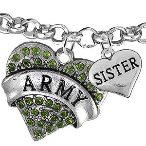 Army "Sister" Heart Bracelet, Adjustable, Will NOT Irritate Anyone with Sensitive Skin. Safe