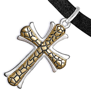Two-Tone Matte Gold Ikarian Pattern & Silver Cross Adjustable Bracelet Safe - Nickel & Lead Free