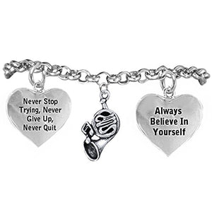 The Perfect Gift "French Horn" Never Give Up, Never Quit" Hypoallergenic Safe - Nickel & Lead Free