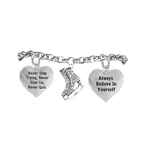 Never Stop Trying, Never Give Up with Ice Skates Charm on Adjustable Bracelet