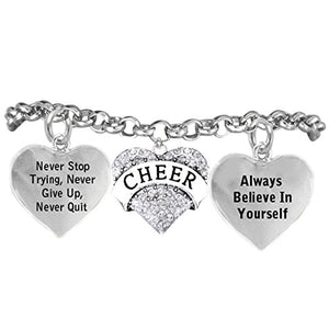 Cheer Crystal Bracelet "Never Stop Trying, Never Give Up", Safe - Hypoallergenic, Nickel Free