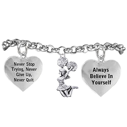 Cheerleader Crystal Bracelet, Never Stop Trying, Never Give Up, Safe - Hypoallergenic, Nickel Free