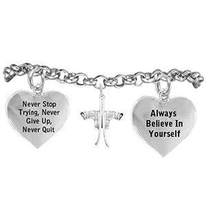 Snow Skis "Never Give Up, Never Stop Trying" Adjustable Bracelet, Safe - Nickel & Lead Free
