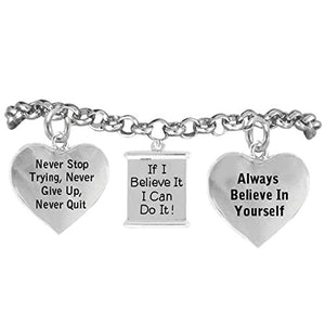 If I Believe It, I Can Do It, "Never Stop Trying" Adjustable Bracelet - Nickel & Lead Free