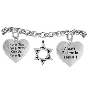 Jewish Star of David, Never Stop Trying, Never Give Up" Hypoallergenic Adjustable Bracelet