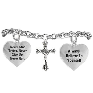 Jesus Christ Cross Bracelet "Never Give Up. Never Stop Trying, Adjustable Nickel & Lead Free