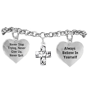 Christian Cross Bracelet "Never Give Up. Never Stop Trying, Adjustable Hypoallergenic, Nickel Free