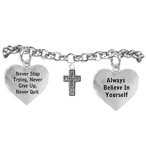 Trust God Cross Bracelet "Never Give Up. Never Stop Trying, Adjustable Hypoallergenic, Nickel Free