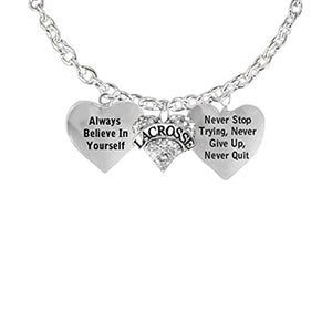 Lacrosse Necklace, "Never Give Up, Never Stop Trying, Never Quit "Safe - Nickel, Lead & Cadmium Free