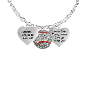 Men's Necklace Crystal Baseball "Never Stop Trying, Never Give Up" Hypoallergenic