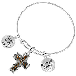 Trust in The Lord Christian "Crystal Topaz Stone", 3 Charm Bracelet Safe - Nickel & Lead Free.