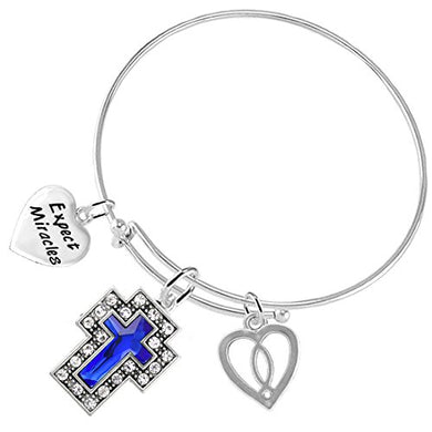 Expect Miracles Christian Crystal Blue Sapphire Stone, 3 Charm Bracelet Safe - Nickel & Lead Free.