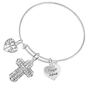 Trust Jesus Christian "Crystal Stones", 3 Charm Adjustable Bracelet Safe - Nickel & Lead Free.
