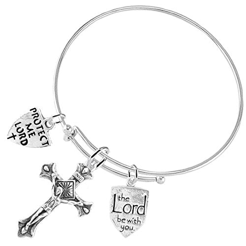 Protect Me Lord Crucifix Christian, 3 Charm Adjustable Bracelet Safe - Nickel & Lead Free.