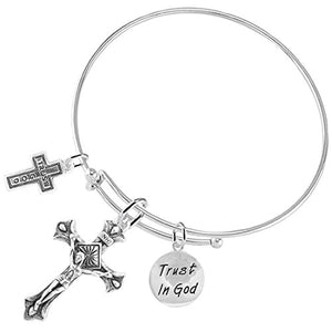 Trust in God "Crucifix" Christian, 3 Charm Adjustable Bracelet Safe - Nickel & Lead Free.