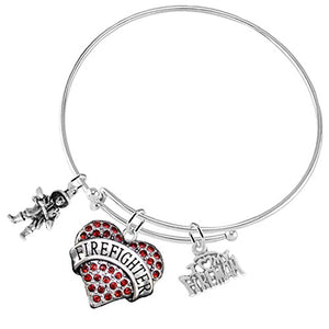 Firefighter's I Love My Firemen" Crystal Red Heart Adjustable Bracelet, Safe - Nickel, Free!
