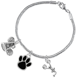 Black Paw "Cheer" 3 Charm Bracelet ©2015, Safe - Hypoallergenic, Nickel, Lead & Cadmium Free