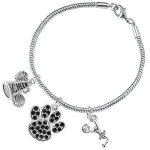 Black Paw Crystal "Cheer" 3 Charm Bracelet ©2015, Safe - Hypoallergenic, Nickel, Lead & Cadmium Free