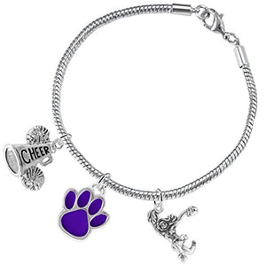 Purple Paw "Cheer" 3 Charm Bracelet ©2015, Safe - Hypoallergenic, Nickel, Lead & Cadmium Free