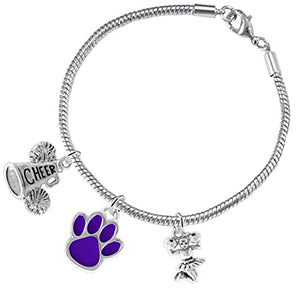 Purple Paw "Cheer" 3 Charm Bracelet ©2015, Safe - Hypoallergenic, Nickel, Lead & Cadmium Free