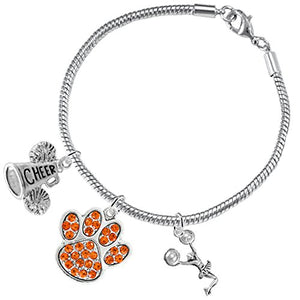 Orange Paw Crystal "Cheer" 3 Charm Bracelet ©2015, Safe - Nickel & Lead Free