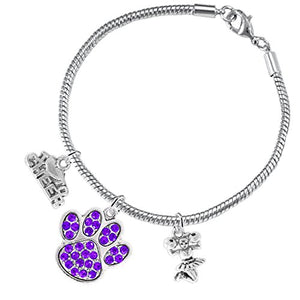 Purple Paw Crystal "Cheer" 3 Charm Bracelet ©2015, Safe - Nickel & Lead Free