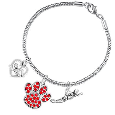 Swimming 3 Charm Red Crystal Paw Bracelet ©2016 Hypoallergenic, Safe - Nickel, Lead & Cadmium Free!