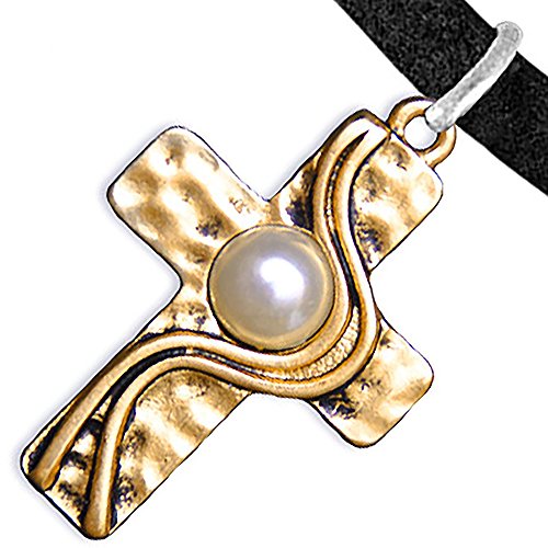 Christian Cross, Two-Tone, Matte Gold & Silver, Faux Pearl Bracelet, Adjustable, Nickel & Lead Free