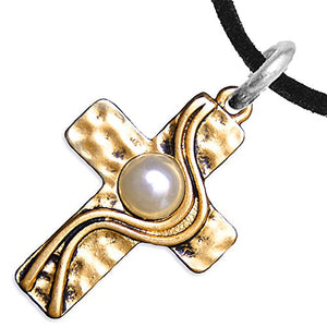 Christian Cross, Two-Tone, Matte Gold & Silver, Faux Pearl Necklace, Adjustable - Nickel & Lead Free