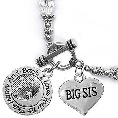 Big Sis, I Love You to The Moon & Back Clear Crystal Charm Bracelet, Safe, Nickel Free.