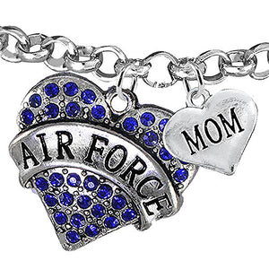 Air Force "Mom" Heart Bracelet, Adjustable, Will NOT Irritate Anyone with Sensitive Skin. Safe
