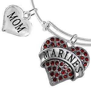 Marine "Mom" Heart Bracelet, Adjustable, Will NOT Irritate Anyone with Sensitive Skin. Nickel Free