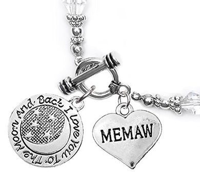 Memaw, I Love You to The Moon & Back Clear Crystal Charm Bracelet, Safe, Nickel Free.