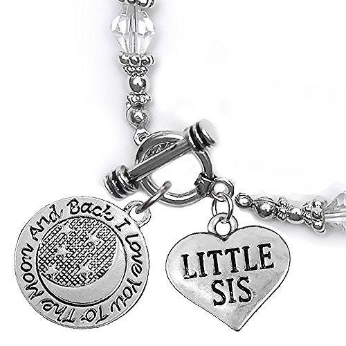 Little Sis, I Love You to The Moon & Back Clear Crystal Charm Bracelet, Safe, Nickel Free.